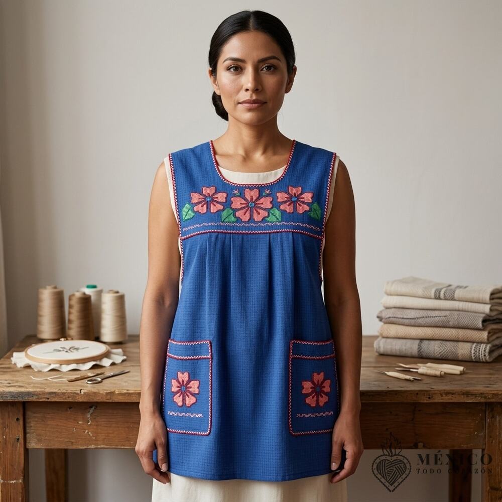 Traditional Mexican Cross-Stitch Embroidered Apron – Deluxe Artisan Smock Style